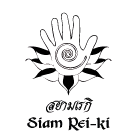 Hand with spiral logo and text SIAMG Siam Rei-ki symbolizing energy healing and balance.