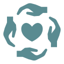 Four hands forming a circle around a heart, symbolizing care, community, and support.