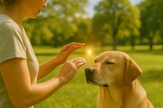 Person giving energy healing to a relaxed dog in a sunny park setting.