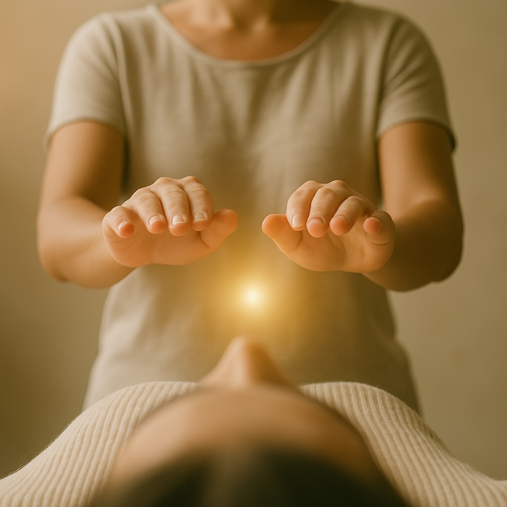 Person practicing Reiki energy healing therapy with hands hovering above another person, emitting a glowing light.