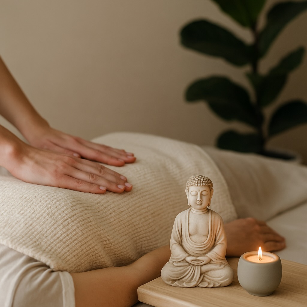 Relaxing massage session with Buddha statue and lit candle in tranquil spa setting.
