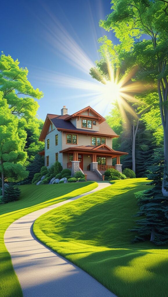 Charming house with sunlit roof, surrounded by lush green trees and a winding path under a clear blue sky.