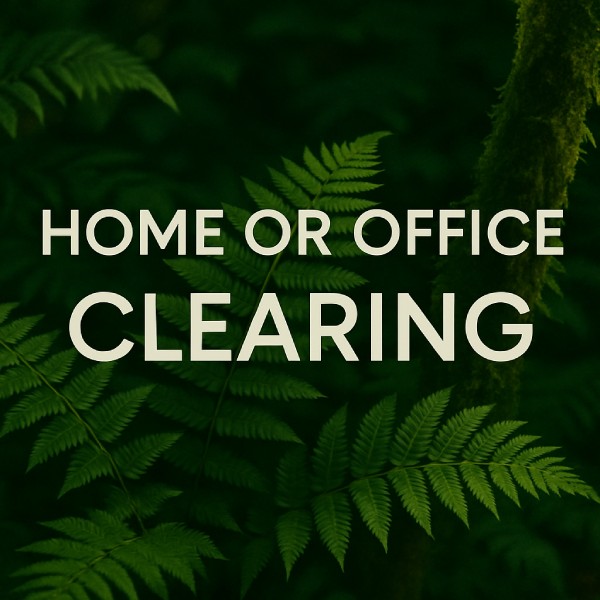 Text Home or Office Clearing on a leafy green background, suggesting a fresh, natural approach to space clearing.