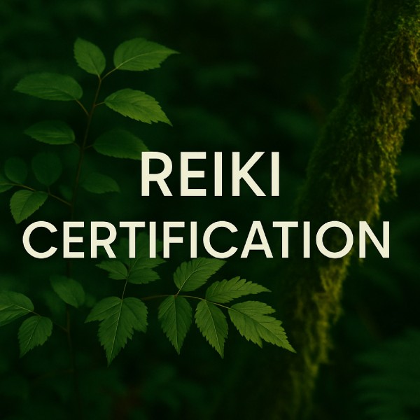 Reiki Certification text on a background of lush green leaves, symbolizing healing and natural energy.