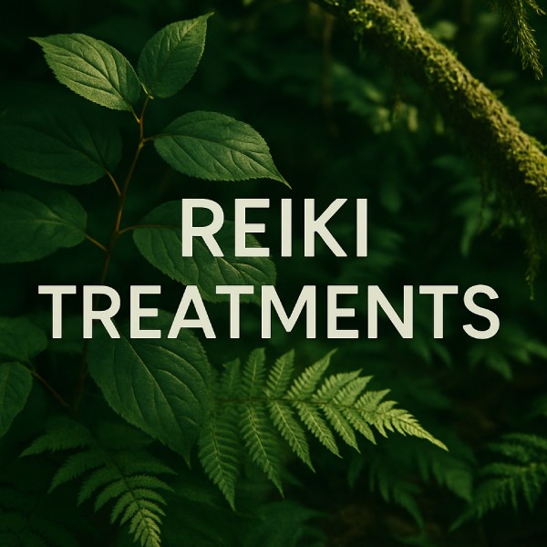 Reiki Treatments text over lush green leaves, promoting natural healing and relaxation services.